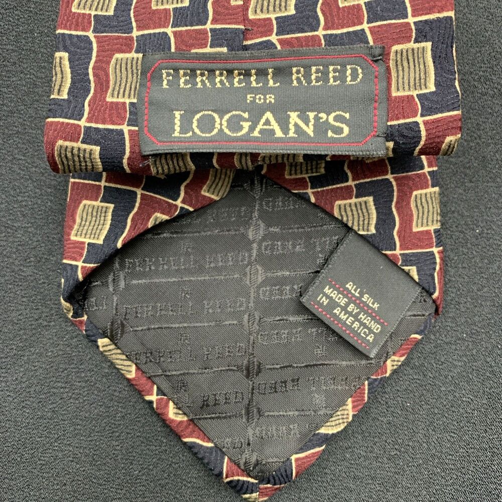 Ferrell Reed Maroon Tan Black Abstract Squares Silk Neck Tie Vintage Classic USA